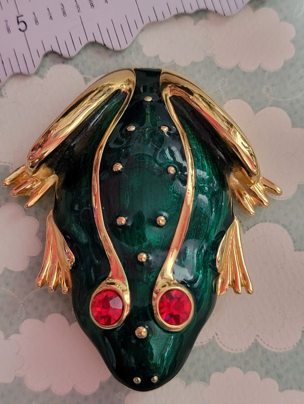 Trifari Extra Large Goldtone Guilloche Rhinestone Frog Brooch 70s